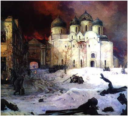 Кукрыниксы, «Бегство фашистов из Новгорода». На снег лежат фрагменты разбитой скульптуры