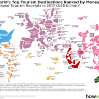 На карте отражены страны, где поступления от международного туризма составляют 1 миллиард долларов и выше. Инфографика: howmuch.net
