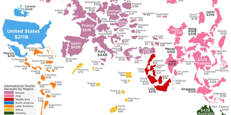 На карте отражены страны, где поступления от международного туризма составляют 1 миллиард долларов и выше. Инфографика: howmuch.net