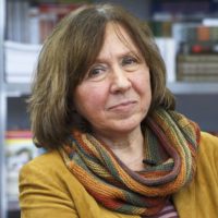 File photo of Belarussian writer Alexievich seen during a book fair in Minsk