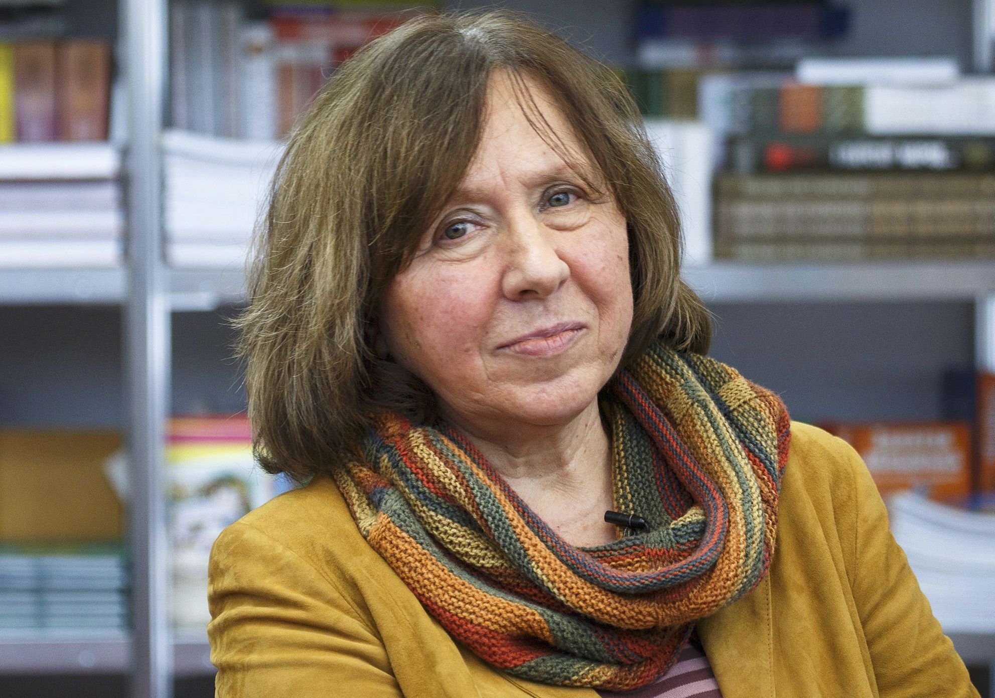 File photo of Belarussian writer Alexievich seen during a book fair in Minsk
